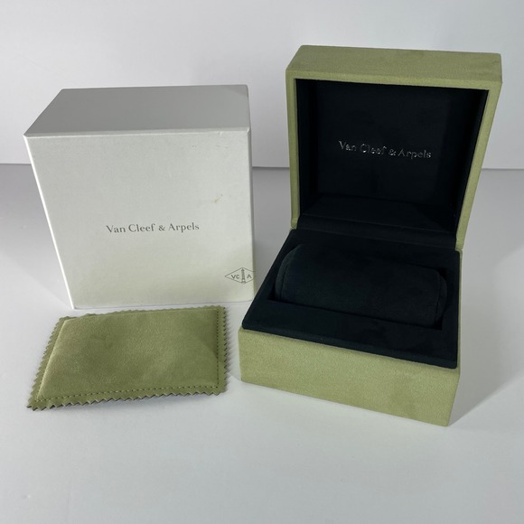 Van Cleef & Arpels Green Suede Jewelry Watch Bangle Bracelet Case Box Set - Picture 2 of 12